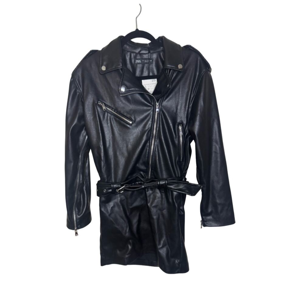 Zara Faux Leather Moto Dress NWT Size S Black Mini Biker Zip Belted - Picture 4 of 11